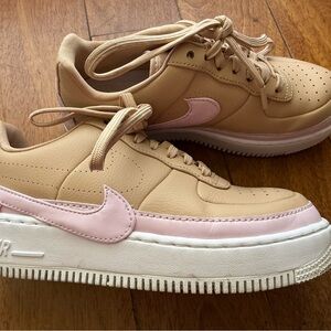 Nike Women's Air Force 1 Platform Tan and Pink Sneakers